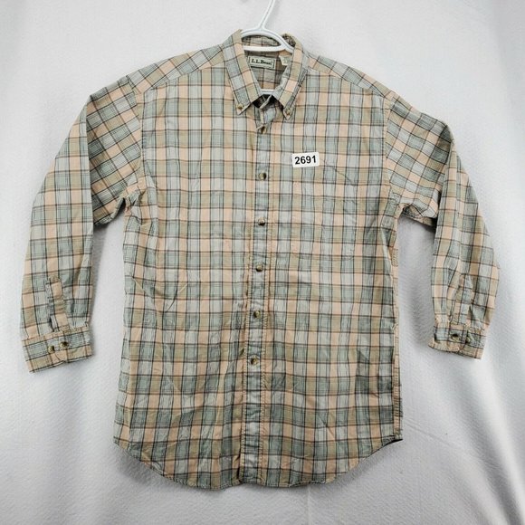L L Bean Shirt Men's 3/4 Sleeve Button Up Reg Fit Plaid Green Blue Cream Medium - Picture 12 of 12